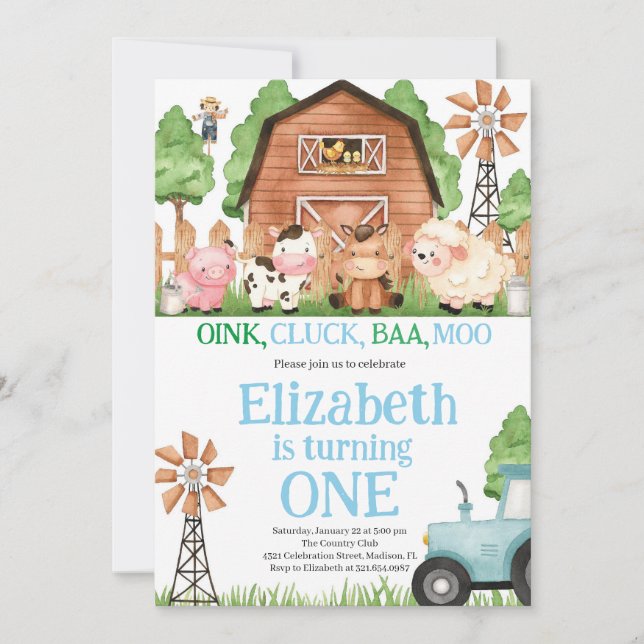 Farm Animals Blue Boy Barnyard Birthday Party Invitation (Front)