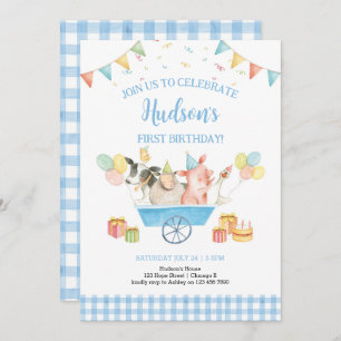 Farm Animals Blue Gingham Boy Girl First Birthday  Invitation