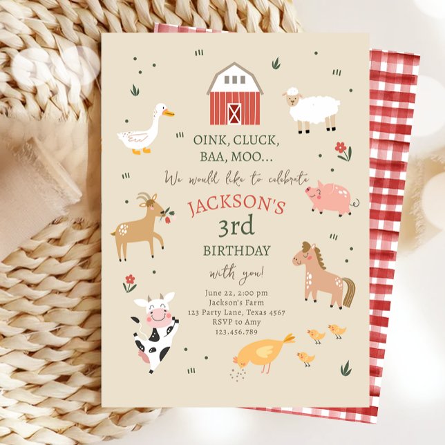 Farm Animals Boy Gingham Barnyard Birthday Invitat Invitation (Creator Uploaded)