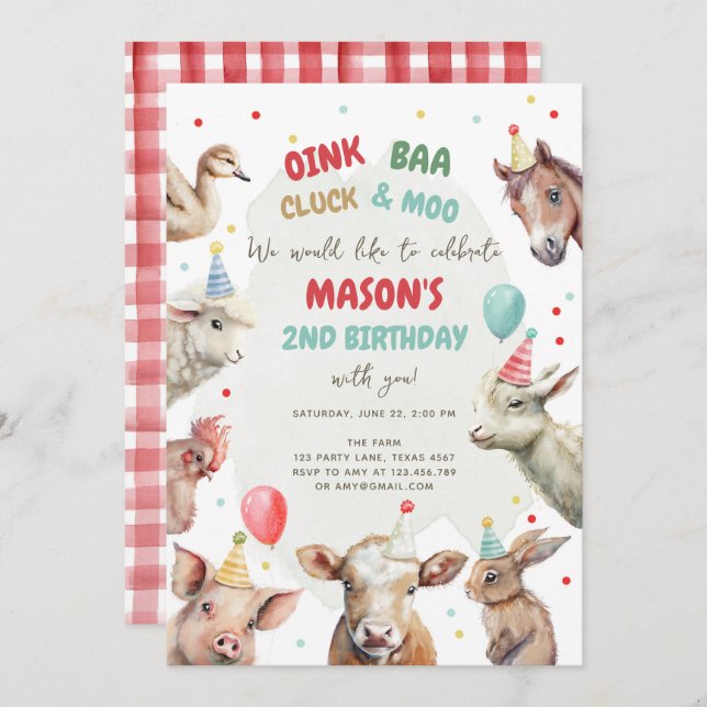 Farm Animals Boy Red Gingham Barnyard Birthday Inv Invitation (Front/Back)