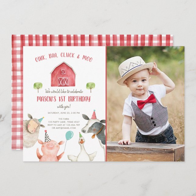 Farm Animals Boy Red Gingham Barnyard Birthday Invitation (Front/Back)
