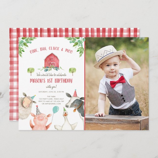 Farm Animals Boy Red Gingham Barnyard Birthday Invitation (Front/Back)