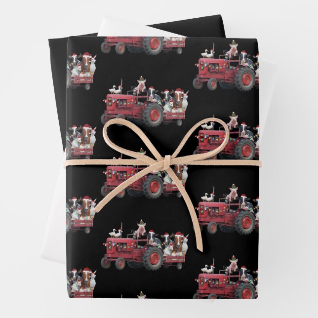 Farm Animals Christmas Truck Country Tractor Xmas Wrapping Paper Sheet (In situ)