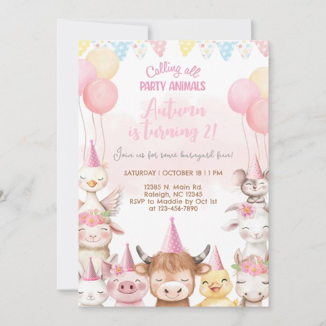 Farm animals close-up girl birthday invitation. invitation (Front)