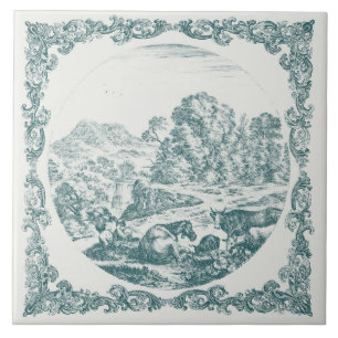 Farm Animals Country Scene Vintage Delft Teal Ceramic Tile