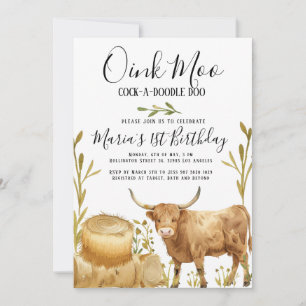 Farm Animals Cow Hay bale Country Birthday Invitation