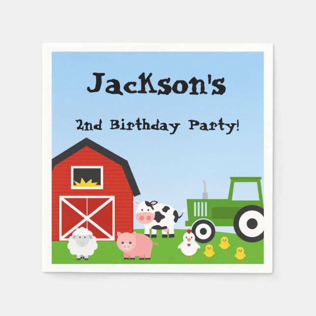 Farm Animals, Cow, Tractor, Sheep, Pigs, Birthday Napkin (Front)