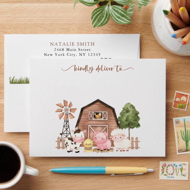 Farm Animals, Cute Animals, Barn, Baby Shower Envelope (Desk)