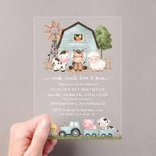 Farm Animals, Cute Animals, Barn, First Birthday Acrylic Invitations