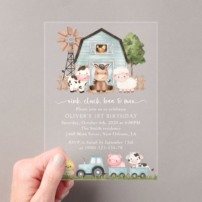 Farm Animals, Cute Animals, Barn, First Birthday Acrylic Invitations (Insitu (Handheld))