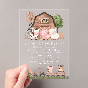 Farm Animals, Cute Animals, Barn, First Birthday Acrylic Invitations