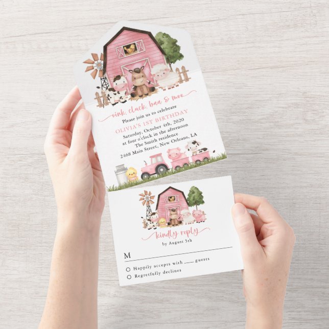 Farm Animals, Cute Animals, Barn, First Birthday All In One Invitation (Tearaway)