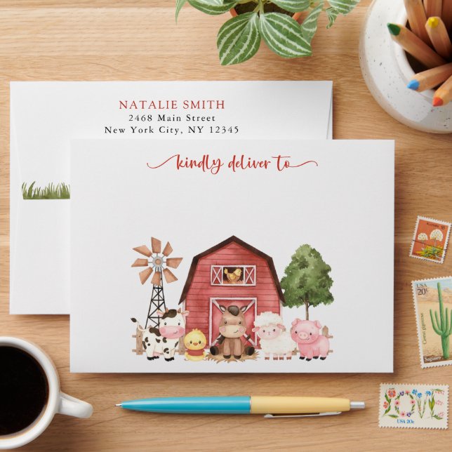 Farm Animals, Cute Animals, Barn, First Birthday Envelope (Desk)