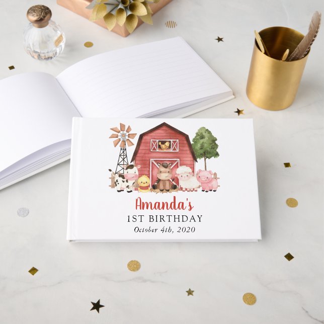 Farm Animals, Cute Animals, Barn, First Birthday Guest Book (Front Open)