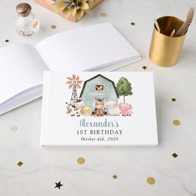 Farm Animals, Cute Animals, Barn, First Birthday Guest Book (Front Open)