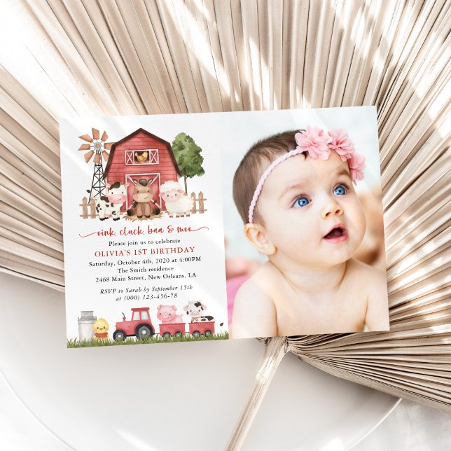 Farm Animals, Cute Animals, Barn, First Birthday Invitation (Creator Uploaded)