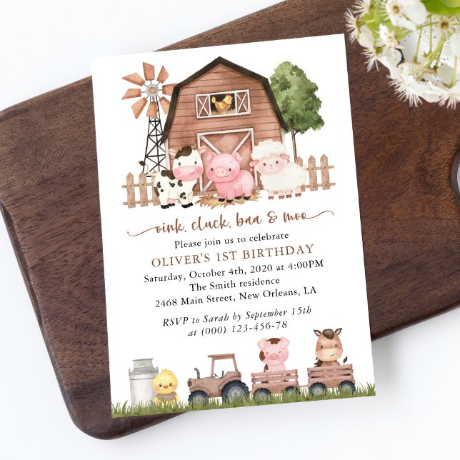 Farm Animals, Cute Animals, Barn, First Birthday Invitation (Creator Uploaded)