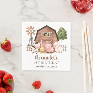 Farm Animals, Cute Animals, Barn, First Birthday Napkin