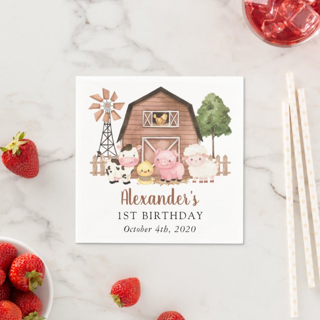 Farm Animals, Cute Animals, Barn, First Birthday Napkin (Insitu)