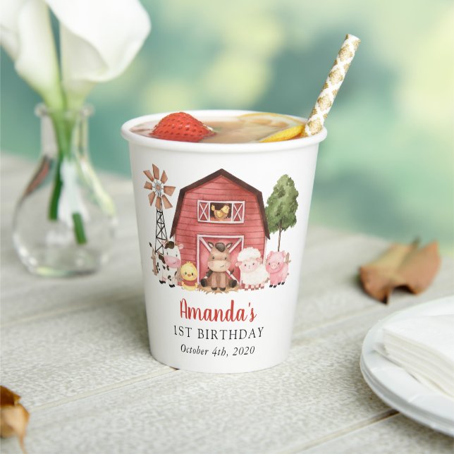 Farm Animals, Cute Animals, Barn, First Birthday Paper Cups (Insitu)