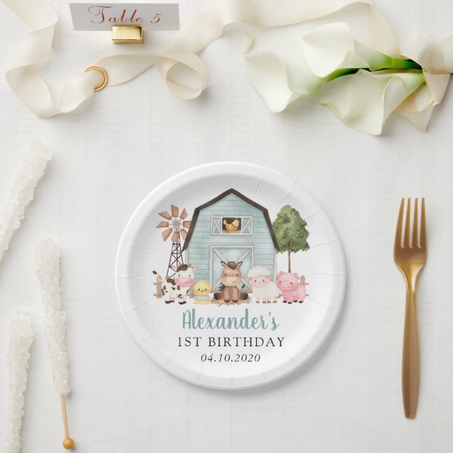 Farm Animals, Cute Animals, Barn, First Birthday Paper Plate (Wedding)