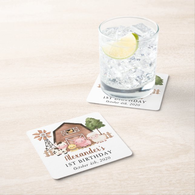 Farm Animals, Cute Animals, Barn, First Birthday Square Paper Coaster (Insitu)