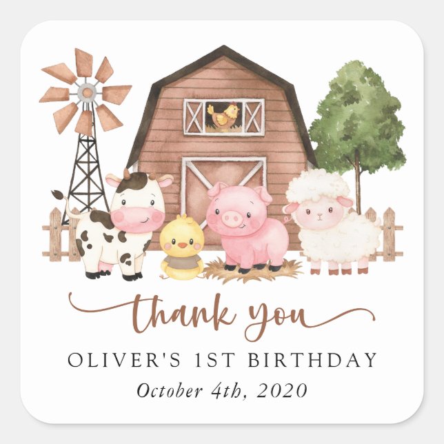Farm Animals, Cute Animals, Barn, First Birthday Square Sticker (Front)