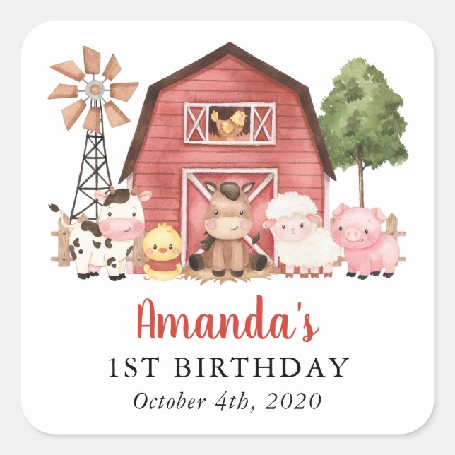 Farm Animals, Cute Animals, Barn, First Birthday Square Sticker (Front)