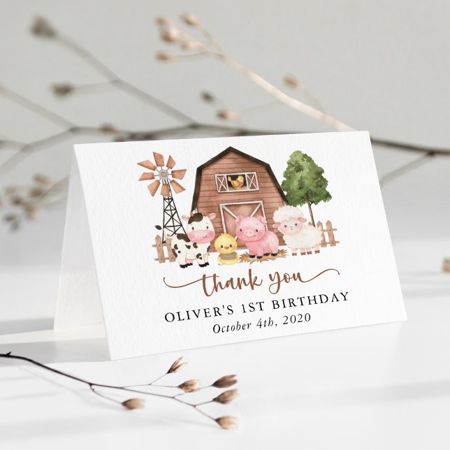 Farm Animals, Cute Animals, Barn, First Birthday Thank You Card (Creator Uploaded)