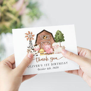 Farm Animals, Cute Animals, Barn, First Birthday Thank You Card