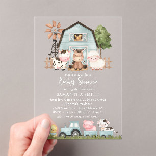 Farm Animals, Cute Animals, Blue Barn, Baby Shower Acrylic Invitations