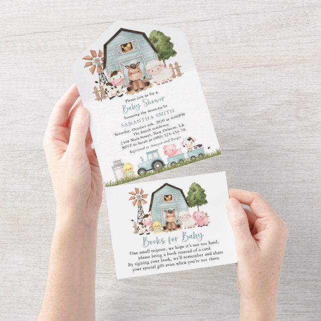 Farm Animals, Cute Animals, Blue Barn, Baby Shower All In One Invitation (Tearaway)