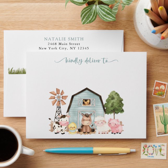 Farm Animals, Cute Animals, Blue Barn, Baby Shower Envelope (Desk)