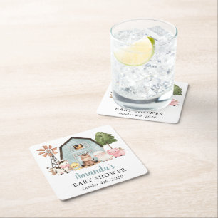 Farm Animals, Cute Animals, Blue Barn, Baby Shower Square Paper Coaster