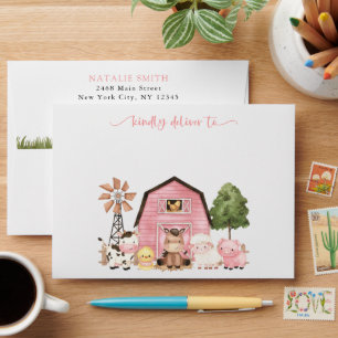 Farm Animals, Cute Animals, Pink Barn, Baby Shower Envelope