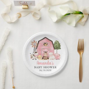 Farm Animals, Cute Animals, Pink Barn, Baby Shower Paper Plate