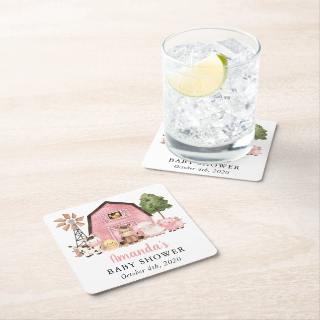 Farm Animals, Cute Animals, Pink Barn, Baby Shower Square Paper Coaster (Insitu)