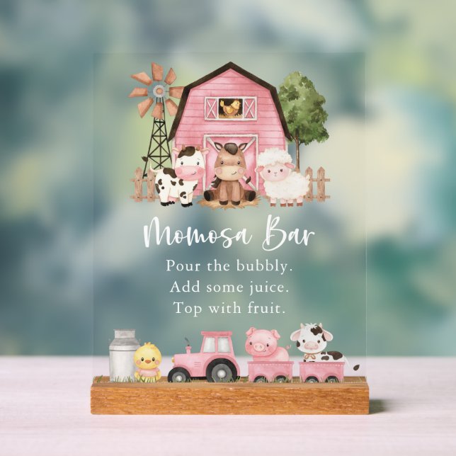 Farm Animals, Cute Animals, Pink Barn, Momosa Bar Acrylic Sign (Neutral)