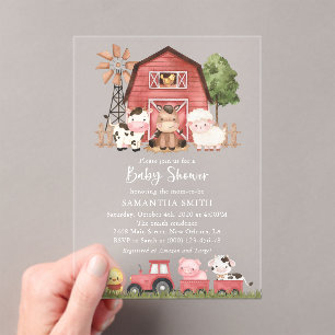 Farm Animals, Cute Animals, Red Barn, Baby Shower Acrylic Invitations