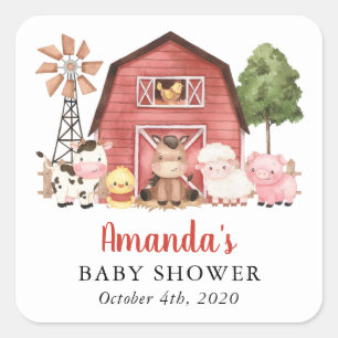 Farm Animals, Cute Animals, Red Barn, Baby Shower Square Sticker
