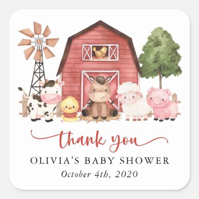 Farm Animals, Cute Animals, Red Barn, Baby Shower Square Sticker (Front)