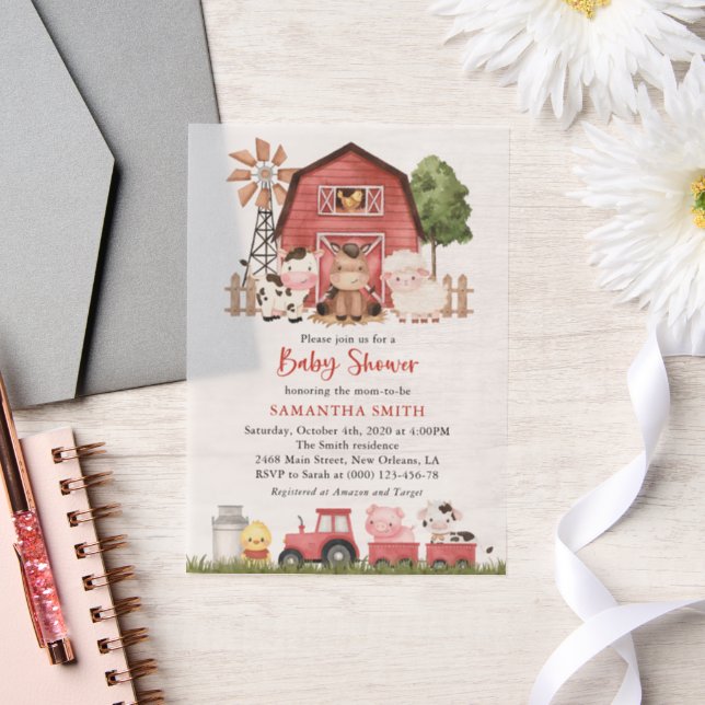 Farm Animals, Cute Animals, Red Barn, Baby Shower Vellum Invitations (Wedding)