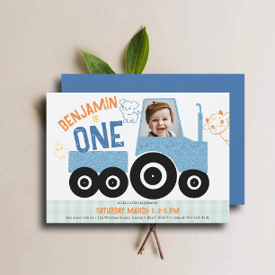Farm Animals Denim Tractor Cute Photo 1st Birthday Invitation