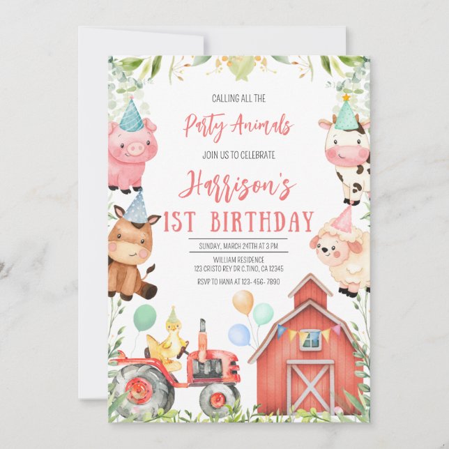 Farm Animals First Birthday Party Invitation (Front)