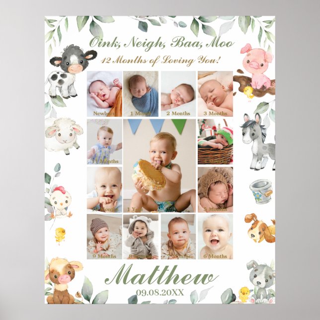 Farm Animals First Year Photo Collage Milestone  P Poster (Front)