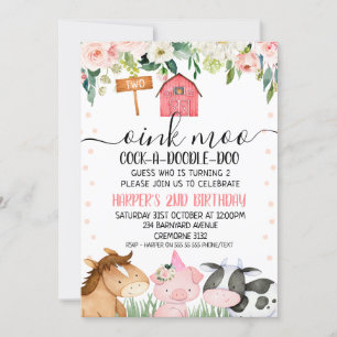 Farm Animals Floral 2nd Birthday Invitation