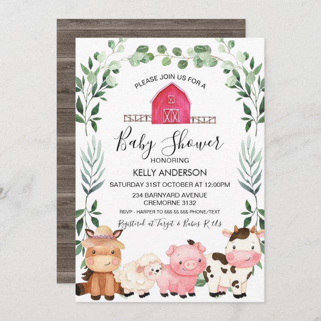 Farm Animals Foliage Wreath Baby Shower Invitation (Front/Back)