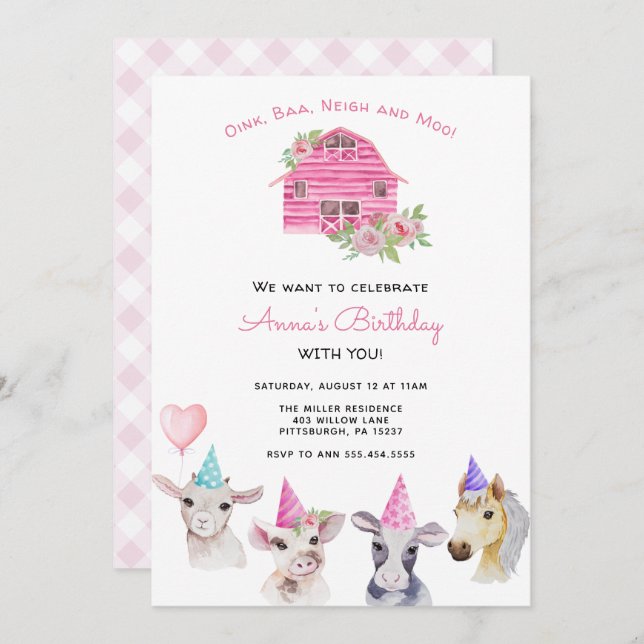 Farm Animals Girl Birthday Invitation (Front/Back)