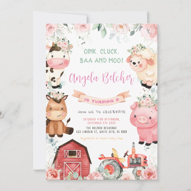 Farm Animals Girl Birthday Party Invitation (Front)