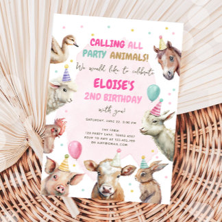 Farm Animals Girl Calling Party Animals Birthday Invitation